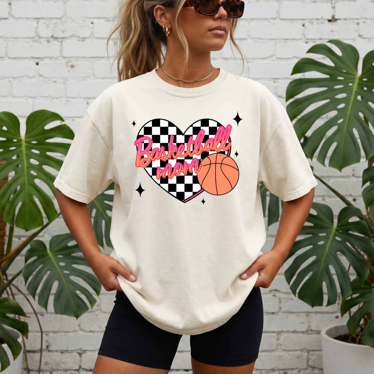 Basketball Mom Heart T-Shirt- Checkerboard Pink Basketball Graphic
