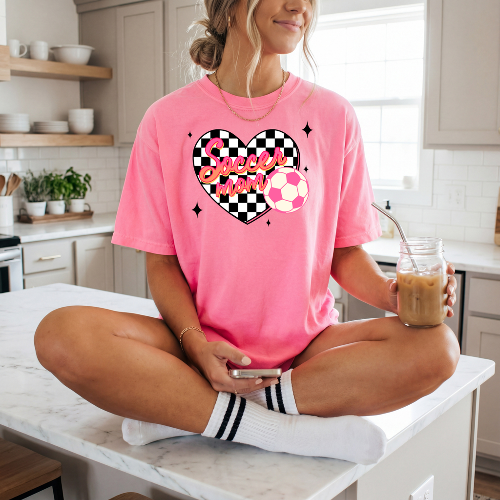 Soccer Mom Heart T-Shirt — Checkerboard Pink Soccer Graphic