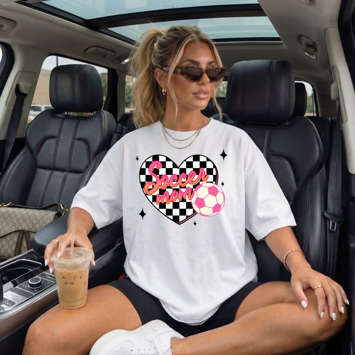 Soccer Mom Heart T-Shirt — Checkerboard Pink Soccer Graphic