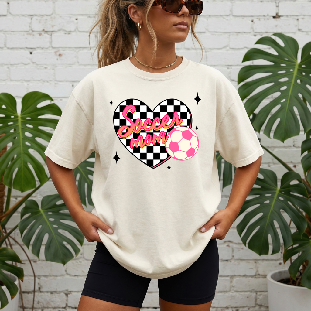 Soccer Mom Heart T-Shirt — Checkerboard Pink Soccer Graphic