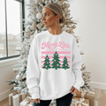 Merry Little Christmas Sweatshirt — Retro Pink & Green Tree Crewneck