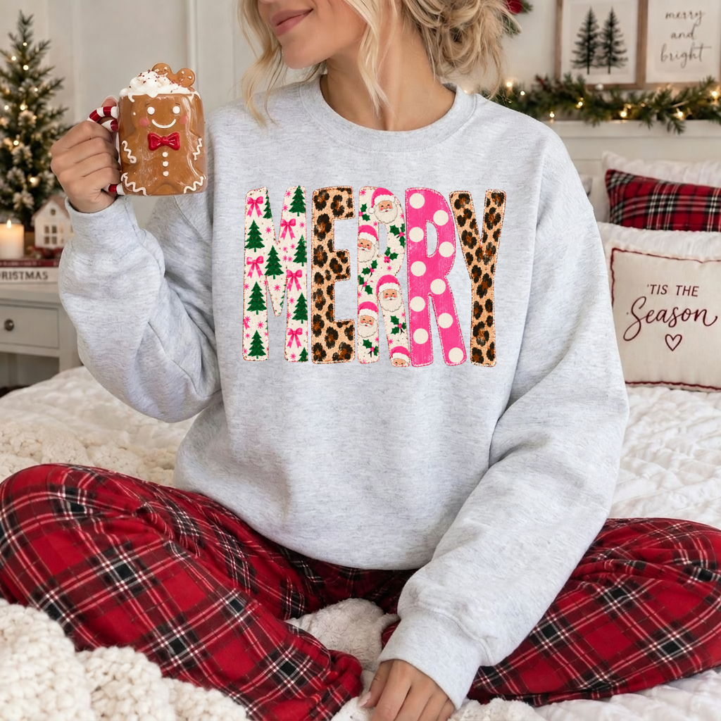 Merry Christmas Floral Holiday Crewneck Sweatshirt