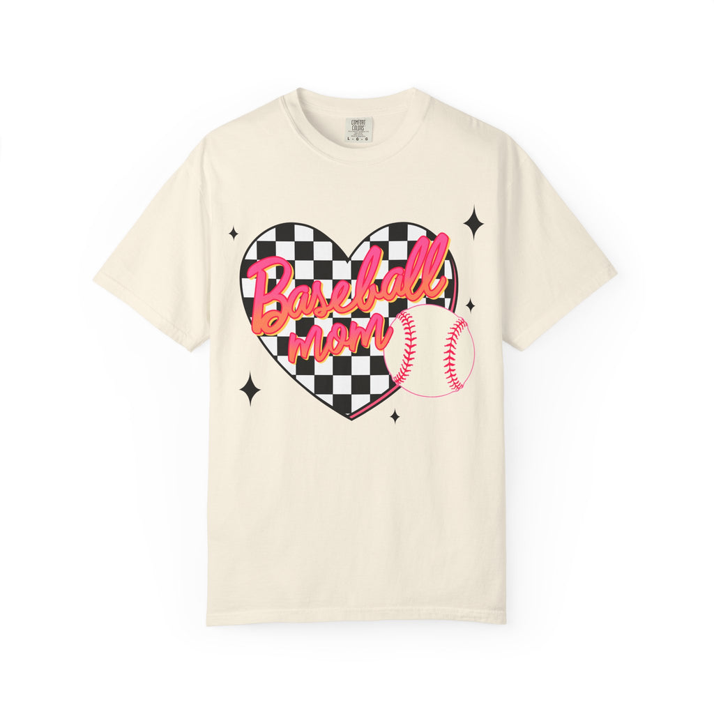 Baseball Mom T-Shirt — Checker Heart Design with Baseball