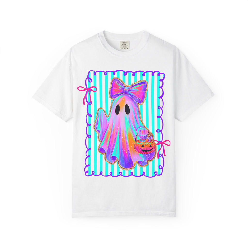 Ghost Girl Halloween T-Shirt — Pastel Ghost with Bow & Pumpkin Candy Bucket