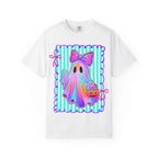 Ghost Girl Halloween T-Shirt — Pastel Ghost with Bow & Pumpkin Candy Bucket