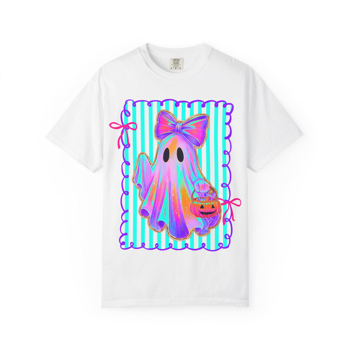 Ghost Girl Halloween T-Shirt — Pastel Ghost with Bow & Pumpkin Candy Bucket