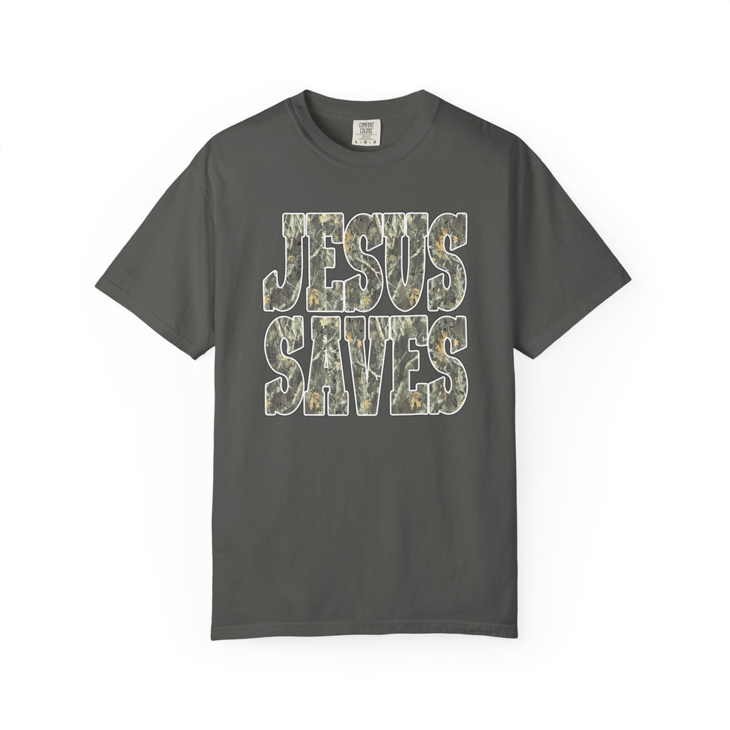 Jesus Saves T-Shirt — Camouflage Faith Graphic Tee