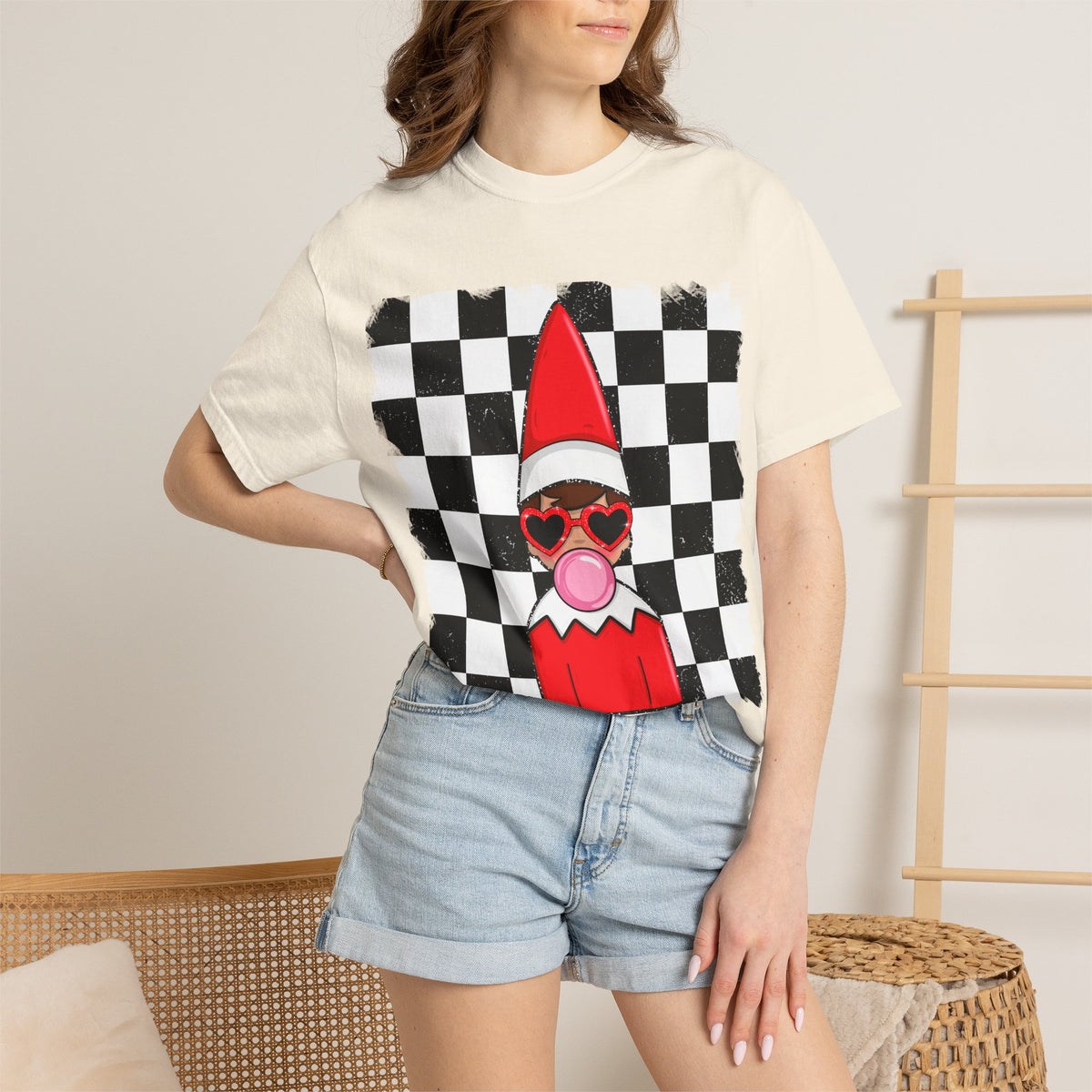 Checkerboard Elf T‑Shirt — Cute Bubblegum Elf Graphic Tee