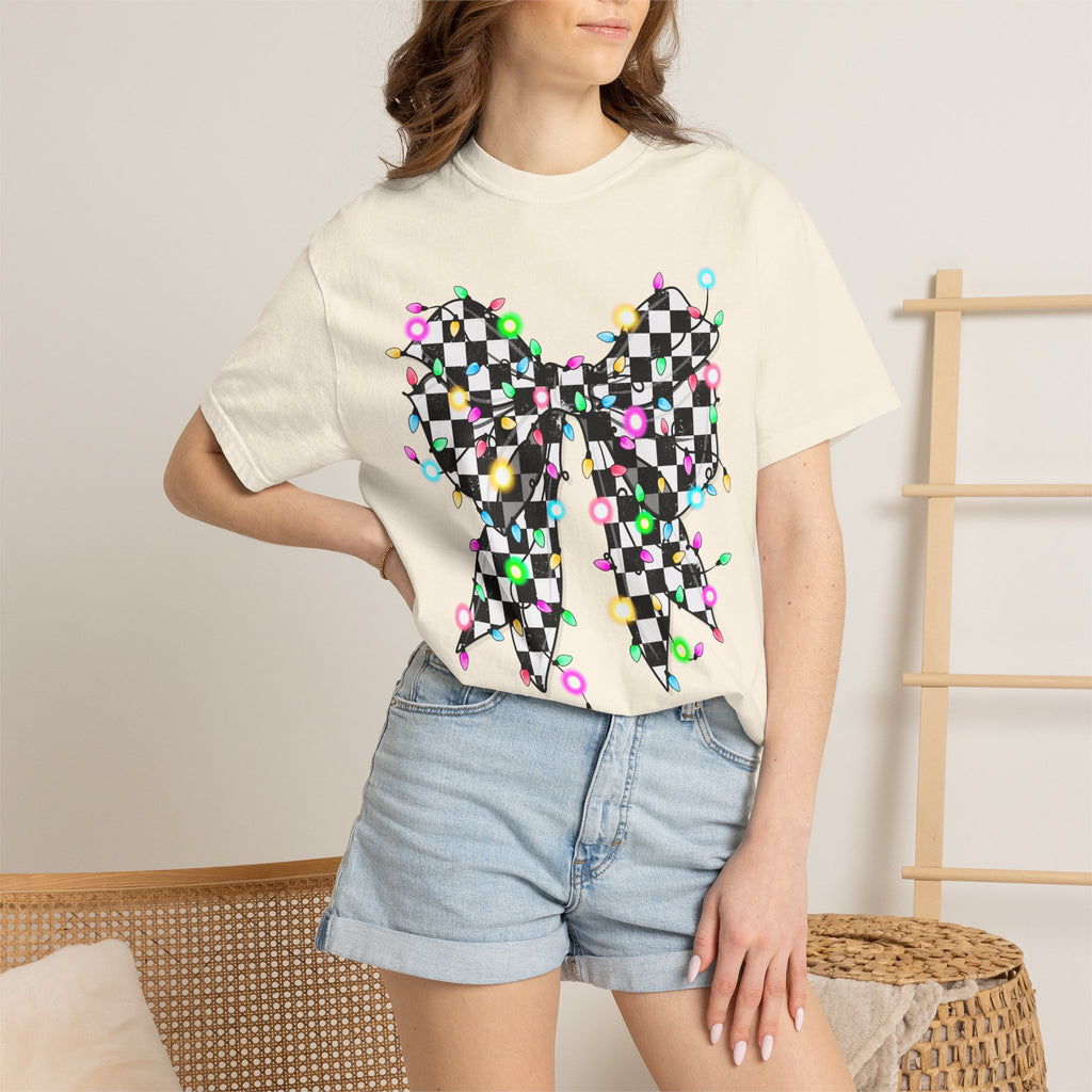 Checkerboard Bow Christmas T-Shirt with Colorful String Lights