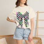 Checkerboard Bow Christmas T-Shirt with Colorful String Lights