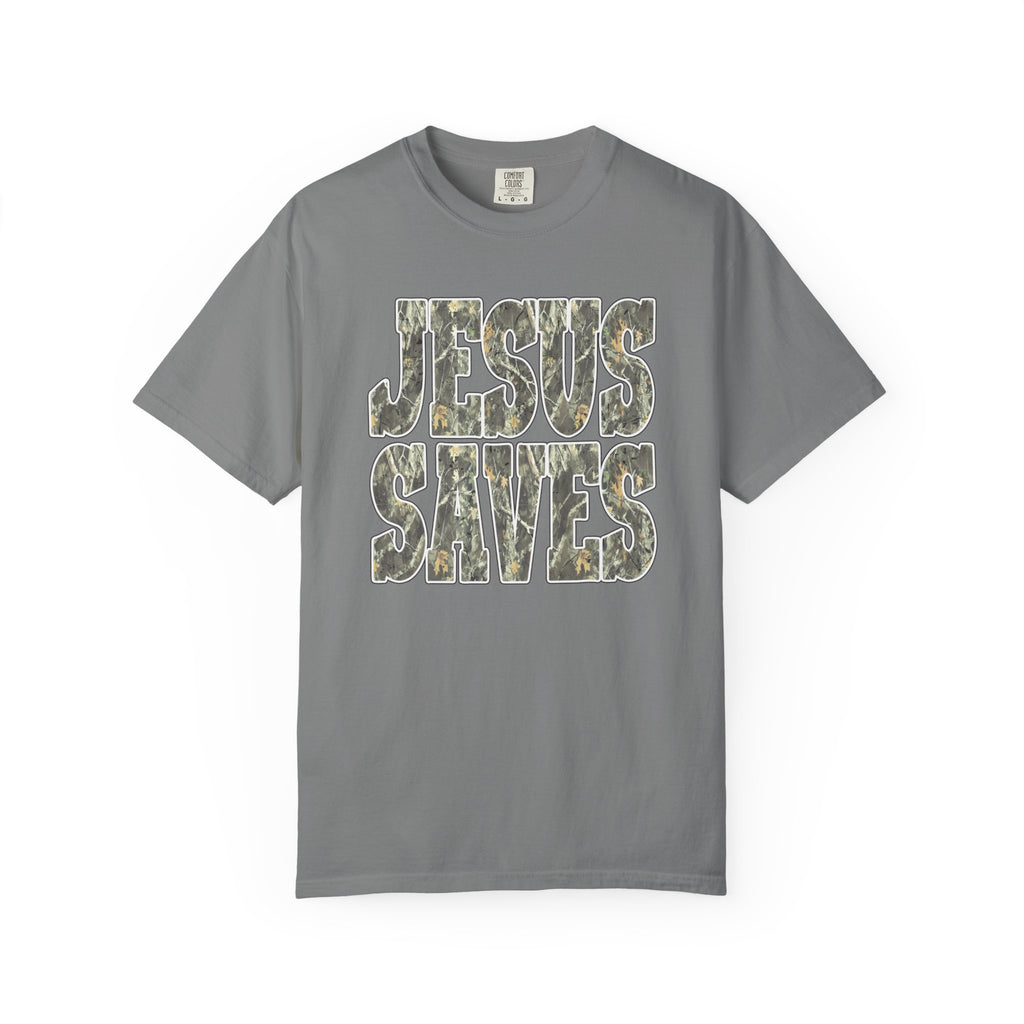 Jesus Saves T-Shirt — Camouflage Faith Graphic Tee