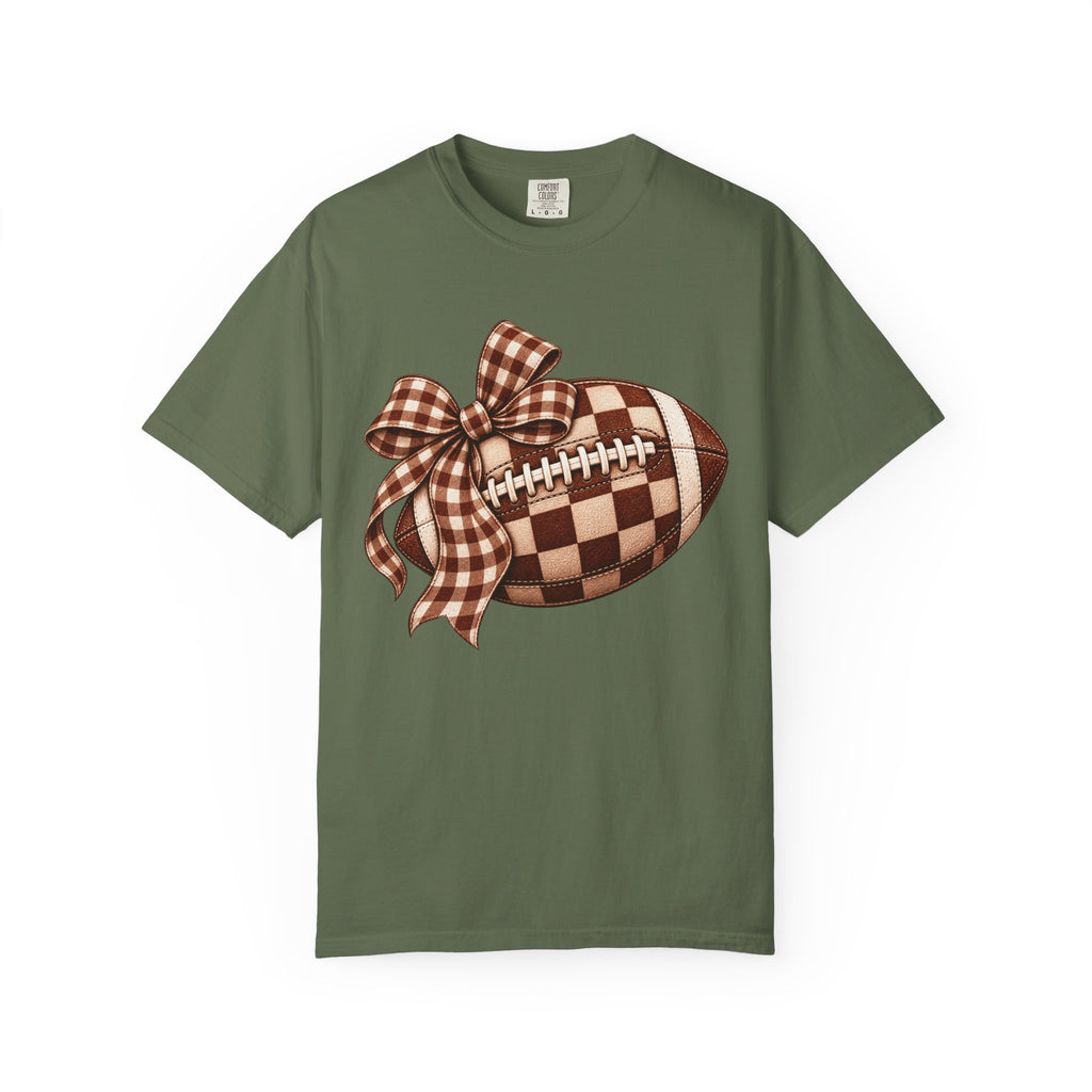 Plaid Bow Football T-Shirt — Womens Game Day & Tailgate Tee
