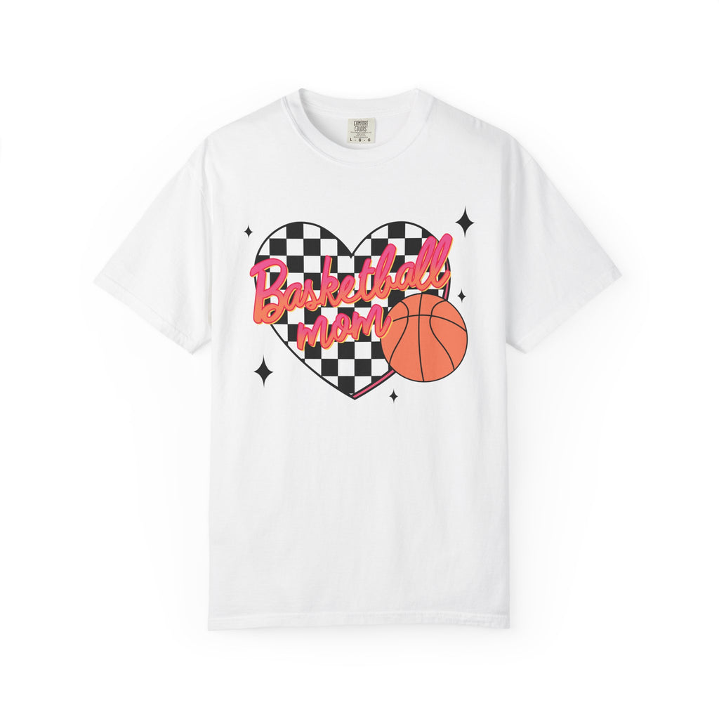 Basketball Mom Heart T-Shirt- Checkerboard Pink Basketball Graphic
