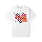 Basketball Mom Heart T-Shirt- Checkerboard Pink Basketball Graphic