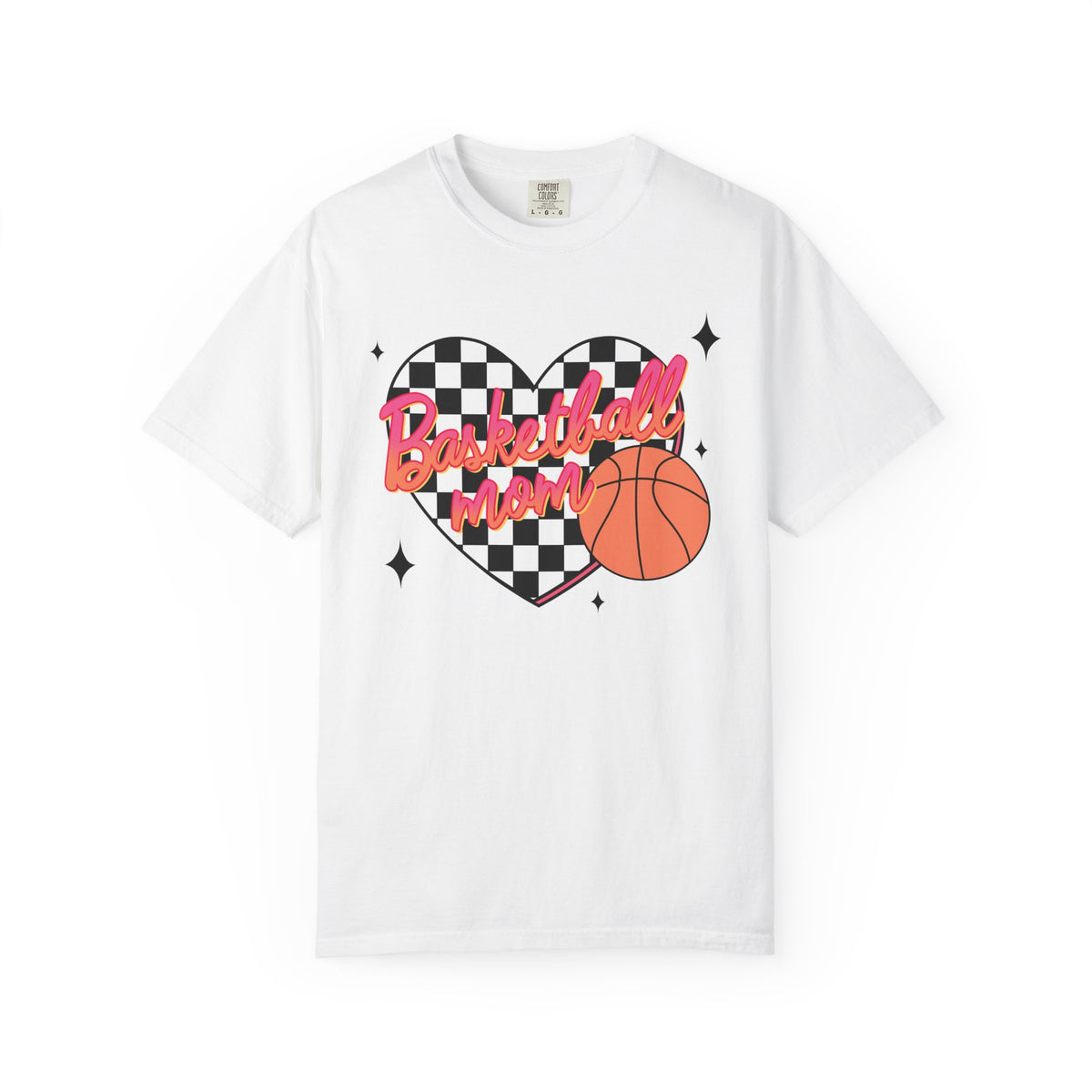 Basketball Mom Heart T-Shirt- Checkerboard Pink Basketball Graphic