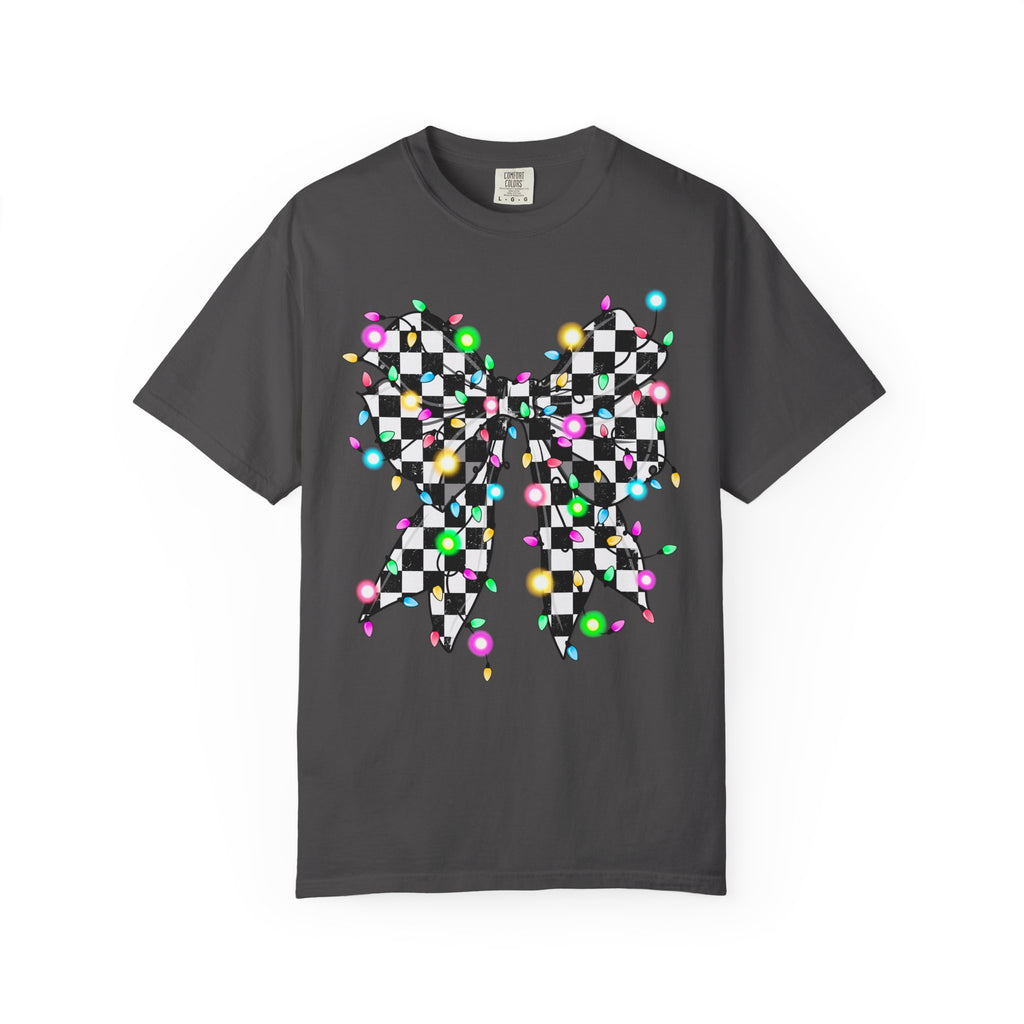 Checkerboard Bow Christmas T-Shirt with Colorful String Lights