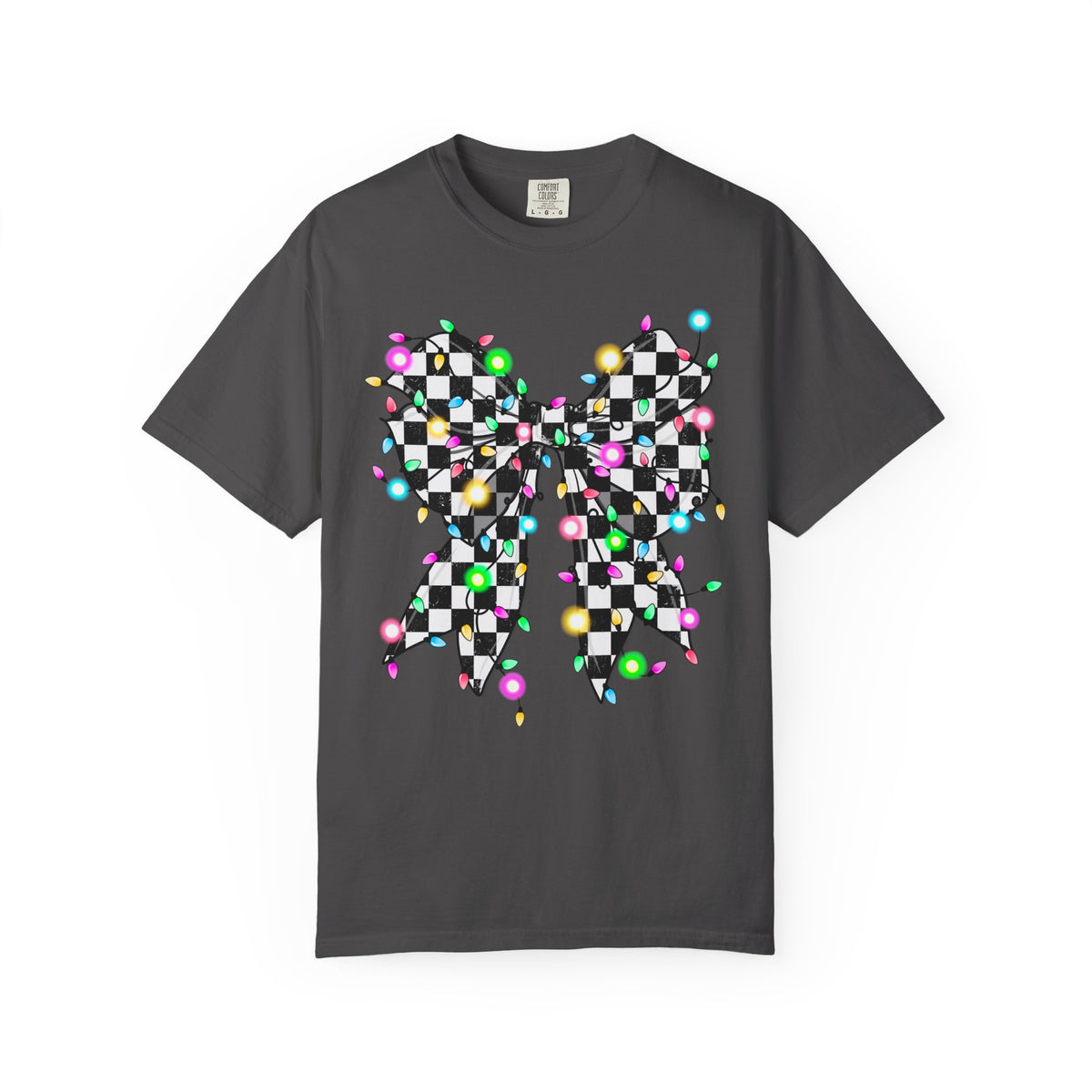 Checkerboard Bow Christmas T-Shirt with Colorful String Lights