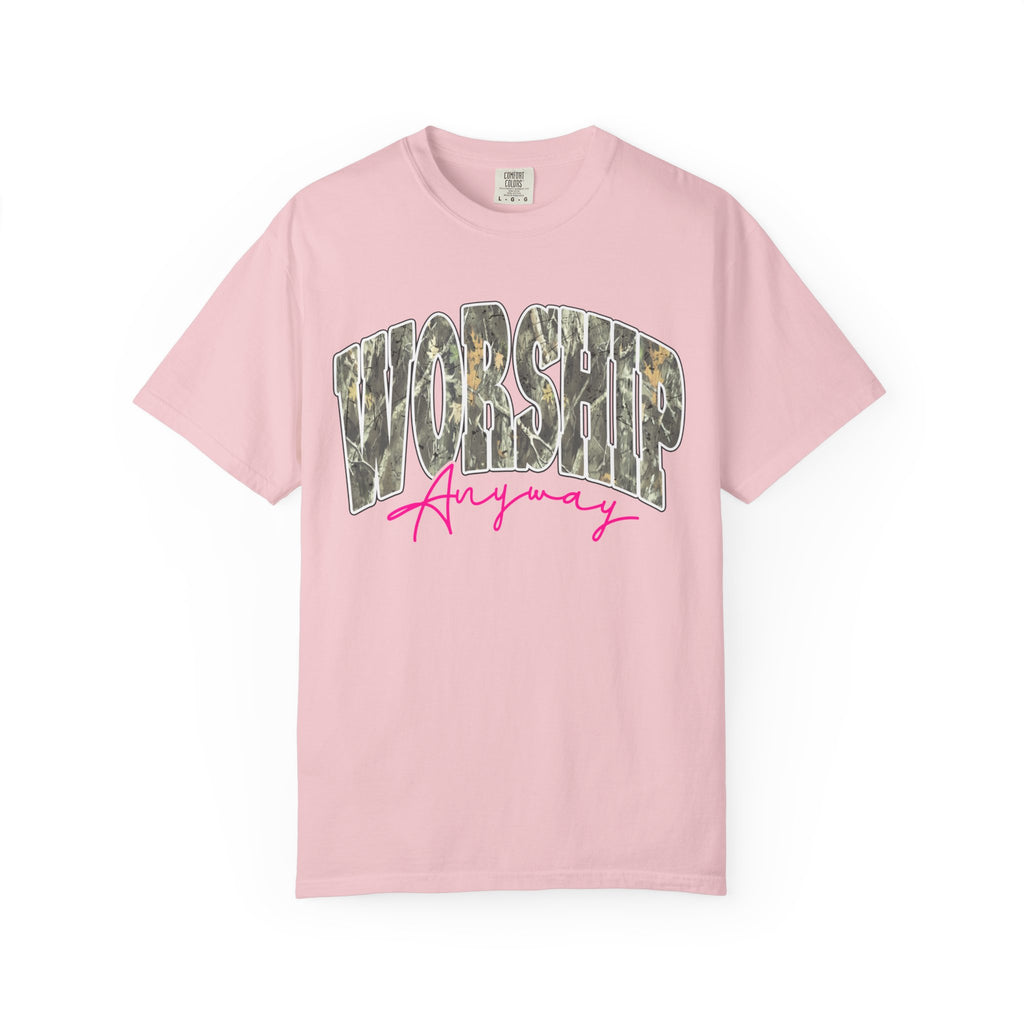 Worship Anyway T-Shirt — Camo Block Letter Faith Tee with Pink Script