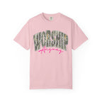 Worship Anyway T-Shirt — Camo Block Letter Faith Tee with Pink Script