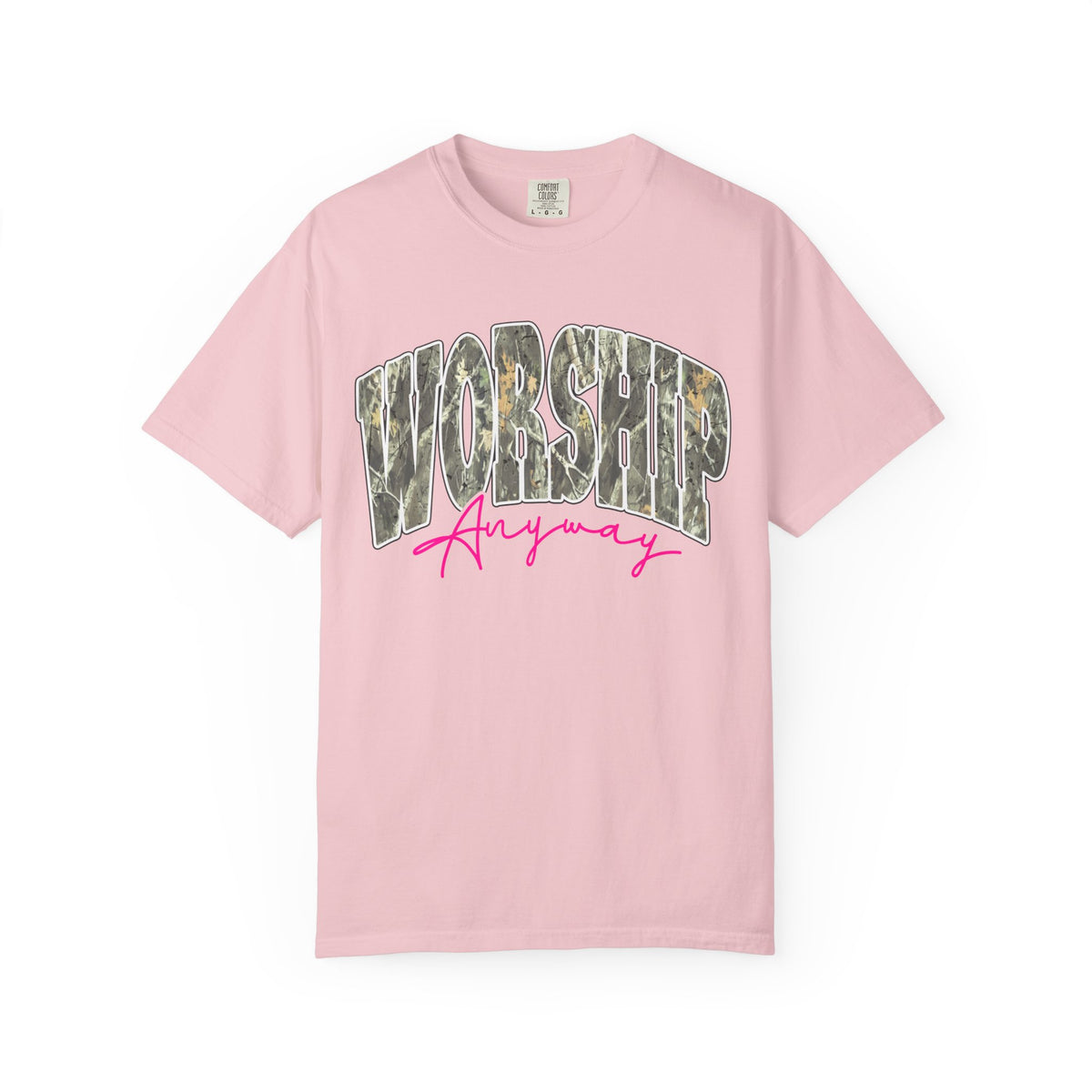 Worship Anyway T-Shirt — Camo Block Letter Faith Tee with Pink Script