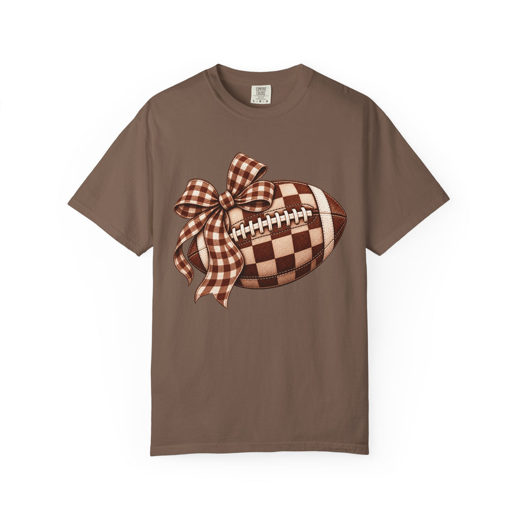 Plaid Bow Football T-Shirt — Womens Game Day & Tailgate Tee