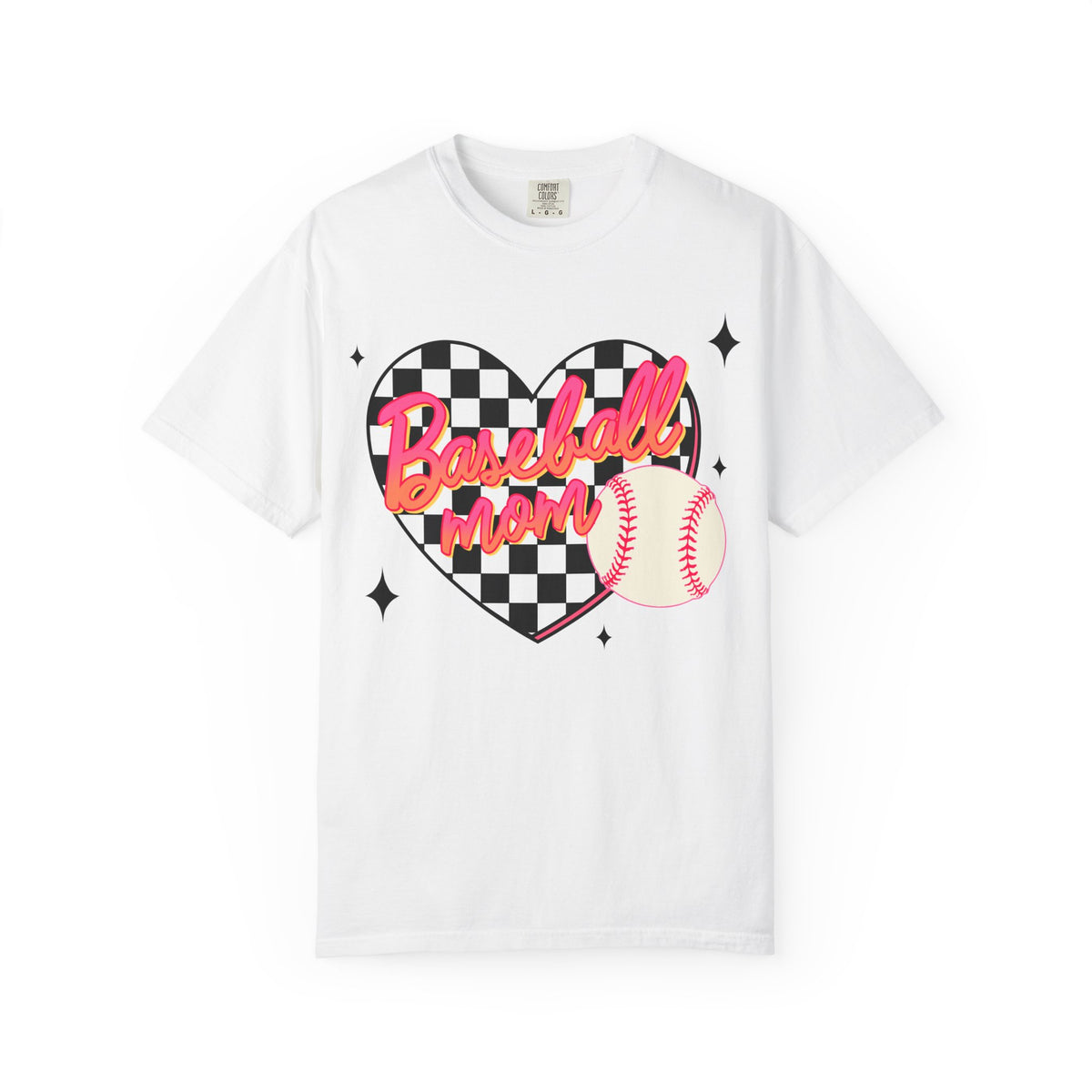 Baseball Mom T-Shirt — Checker Heart Design with Baseball