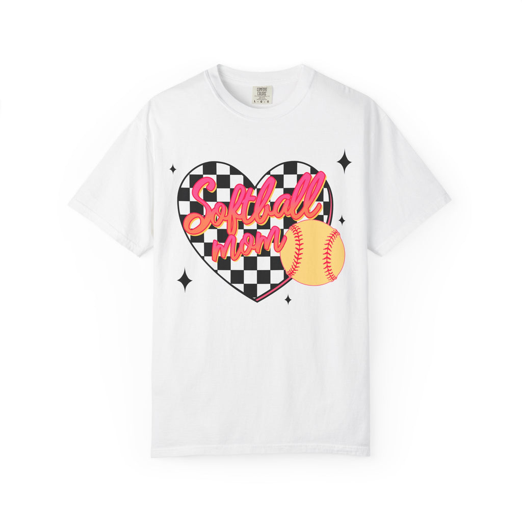 Softball Mom Heart T-Shirt — Checkerboard Design with Softball