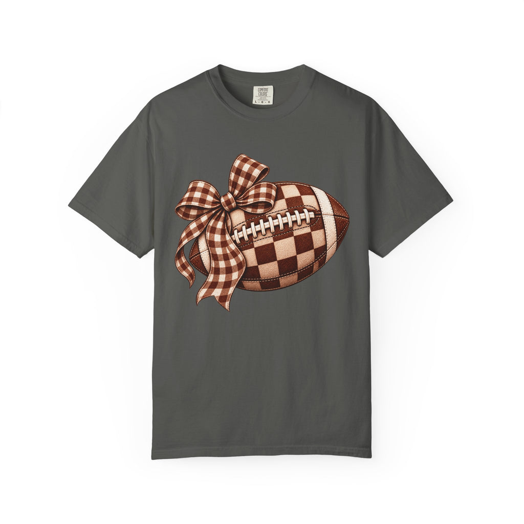 Plaid Bow Football T-Shirt — Womens Game Day & Tailgate Tee