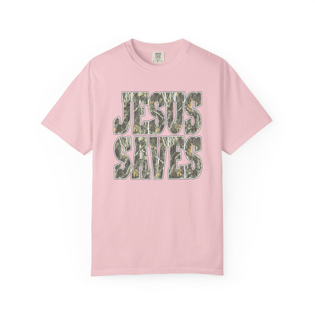 Jesus Saves T-Shirt — Camouflage Faith Graphic Tee