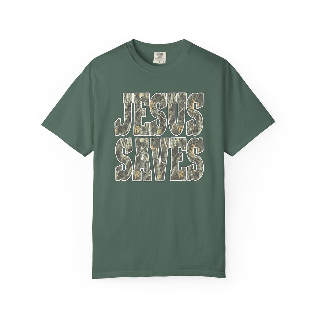 Jesus Saves T-Shirt — Camouflage Faith Graphic Tee