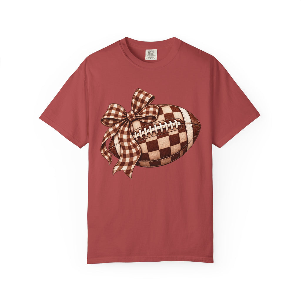 Plaid Bow Football T-Shirt — Womens Game Day & Tailgate Tee