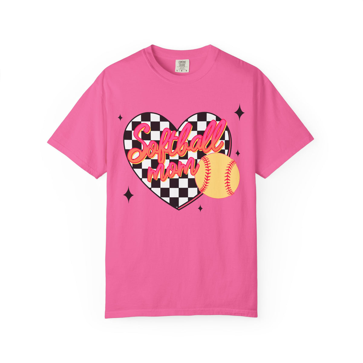 Softball Mom Heart T-Shirt — Checkerboard Design with Softball
