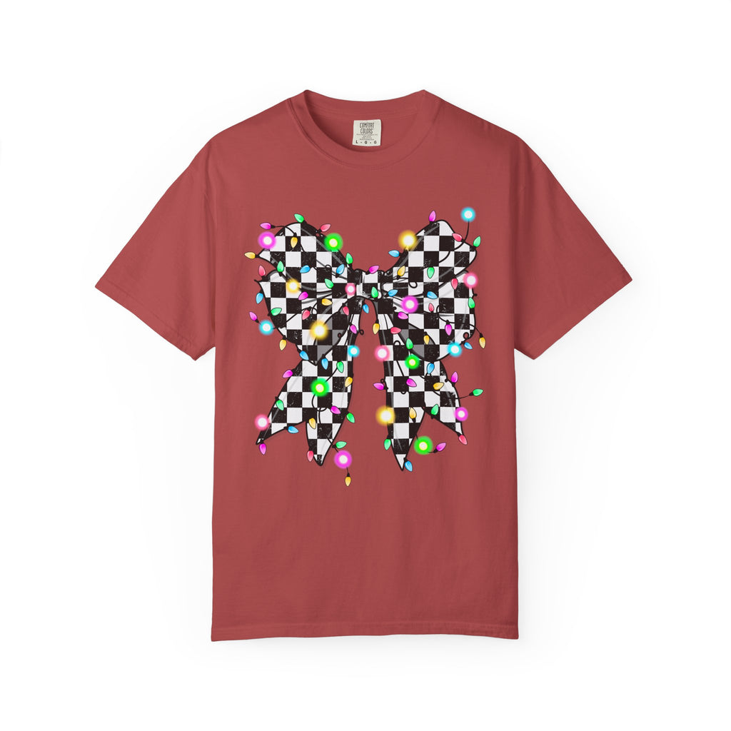 Checkerboard Bow Christmas T-Shirt with Colorful String Lights
