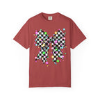 Checkerboard Bow Christmas T-Shirt with Colorful String Lights