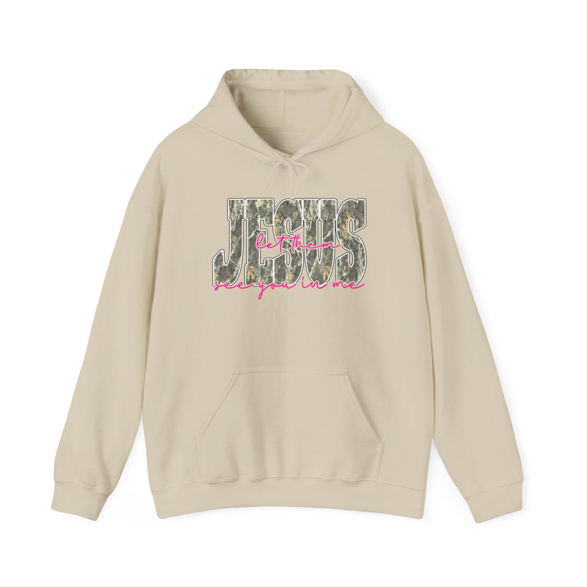 Hoodie — JESUS camouflage letters with pink script (Faith Graphic Hooded Sweatshirt)