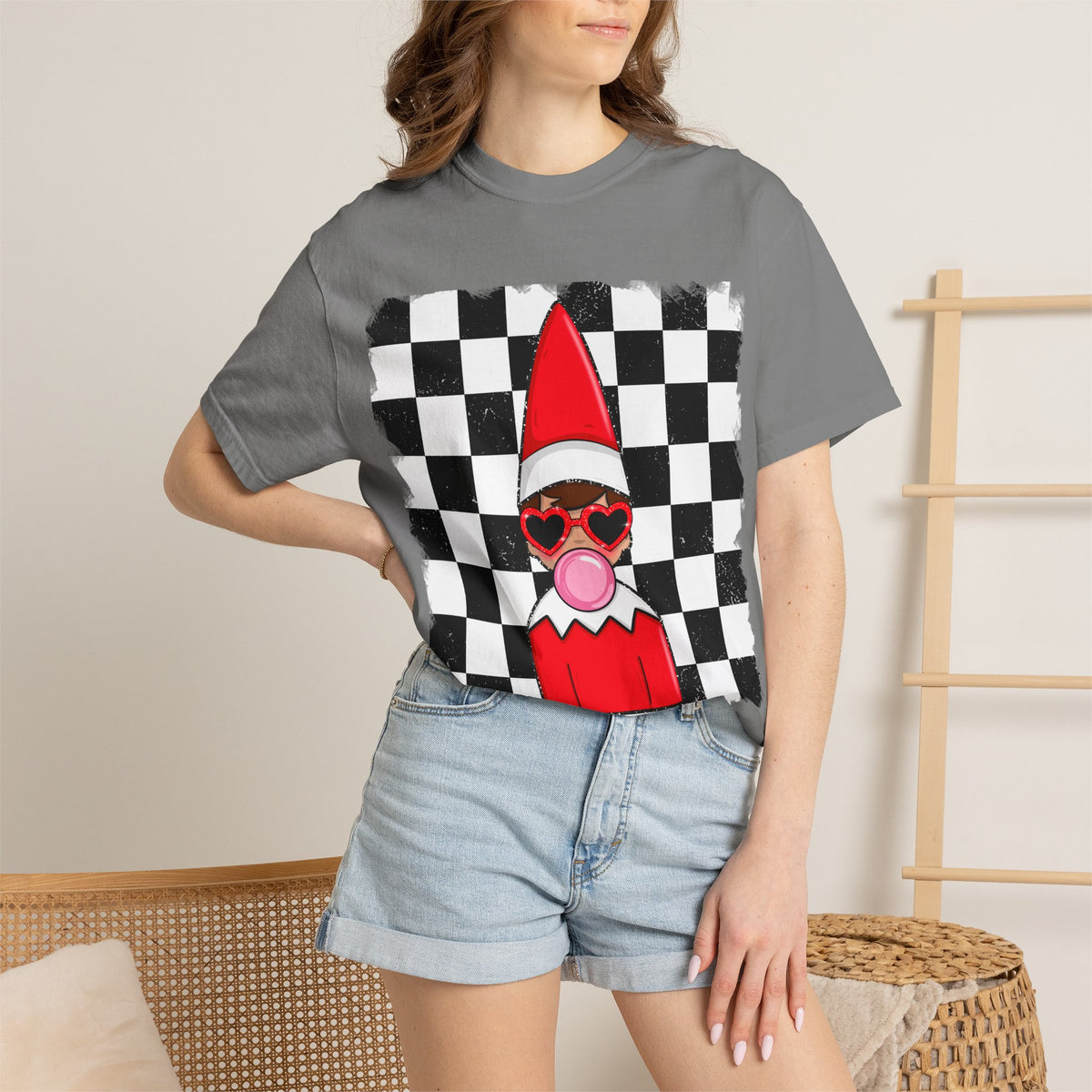 Checkerboard Elf T‑Shirt — Cute Bubblegum Elf Graphic Tee
