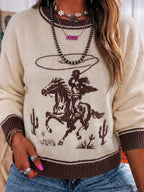 Western Cowboy Graphic Round Neck Sweater