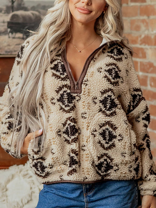 Aztec Print Quarter-Zip Sherpa Sweatshirt